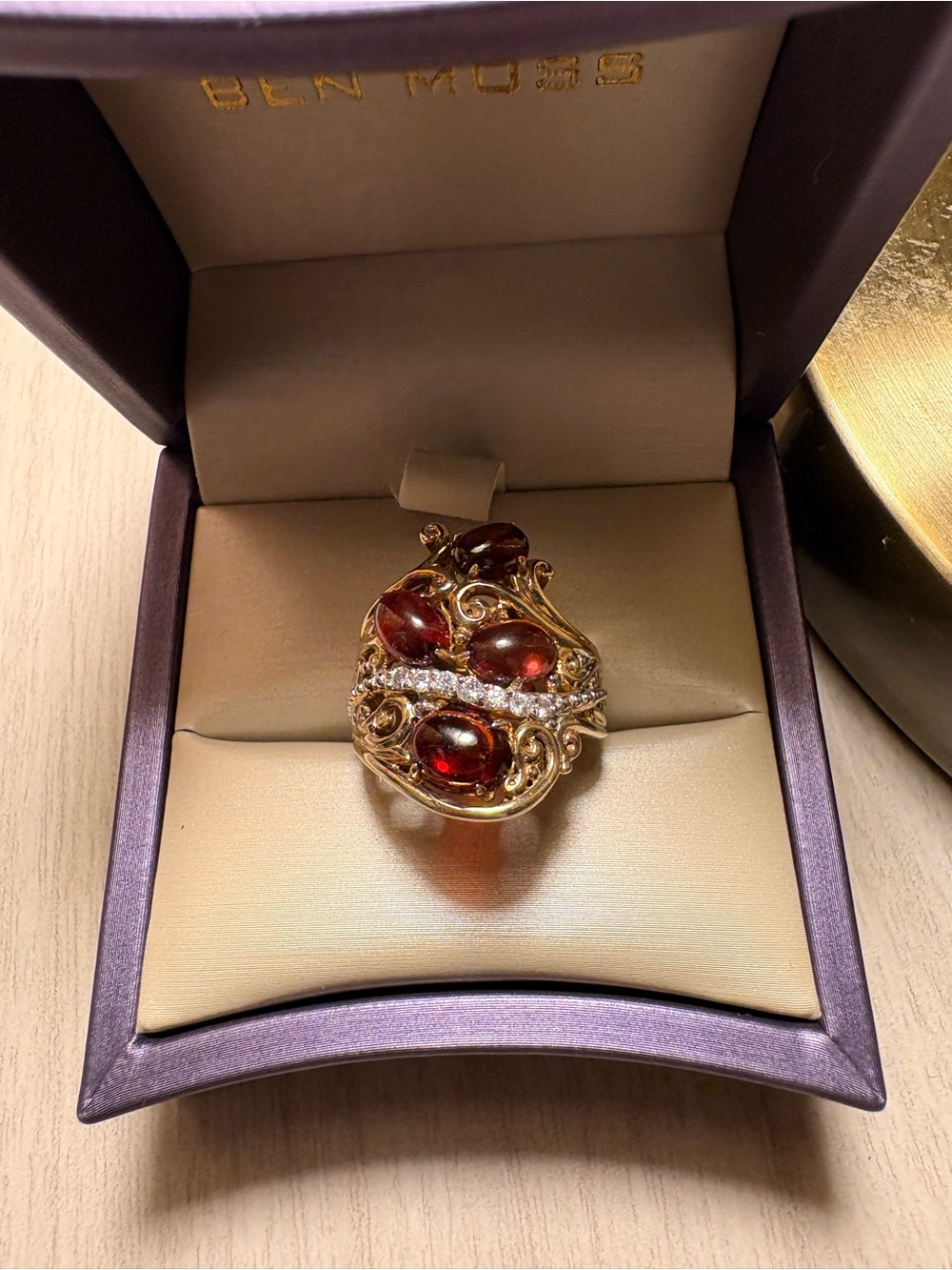 Vintage sterling silver Gold Ring with Red Garnet Cabochons and Accent Stones
